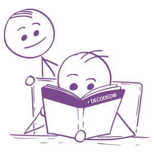 Image of two stick figures reading a DECODED(R) book